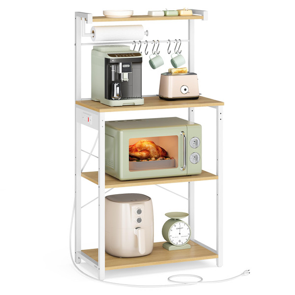 VASAGLE BARNET Collection - Kitchen Bakers Rack with Power Outlet, 23.6-Inch Wide Coffee Bar 4-Tier with 8 S Hooks, Modern Microwave Stand, Adjustable Shelf, Golden Oak and Cloud White UKKS014Y01V1