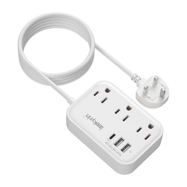 UK Adapters for Travel with 5FT Extension Cord, US to UK Plug Adapter with 3 Outlets 3 USB Charging Ports (USB-C), Type G Travel Adapter for USA to Scotland British London England Irish Dubai