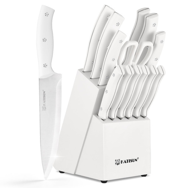 KATISUN 15-Piece White Kitchen Knife Set with Built-in Sharpening Stone, Ergonomic Triple Rivet Fixed Handles, Dishwasher Safe