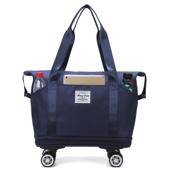 Expandable Rolling Duffle Bag, Travel Tote Bag with wheels, Large Waterproof Carry On Overnight Bag Hospital Bag Weekender with Spinners & Wet Pocket Deep Blue
