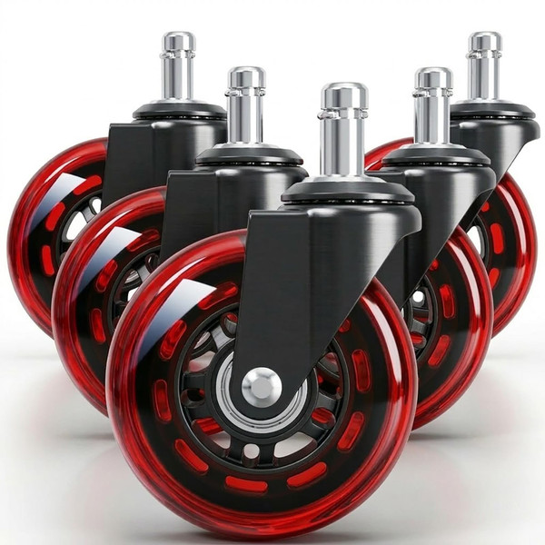 3" Office Chair Wheels for Casters Replacement Set of 5 - Office Caster Wheels for Carpet,Computer Chair Wheels,Smooth & Mute for Hardwood Floors and Mats. (Red Transparent)