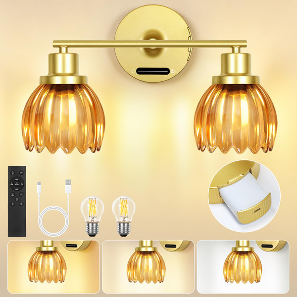 OUTON 2 Light Bathroom Wall Lights, Rechargeable Battery Operated Wall Sconce with Tulip Glass Lampshade, Remote, Touch Control, Dimmable, 8000mAh Battery, Wall Lamp for Mirror Living Room, Orange