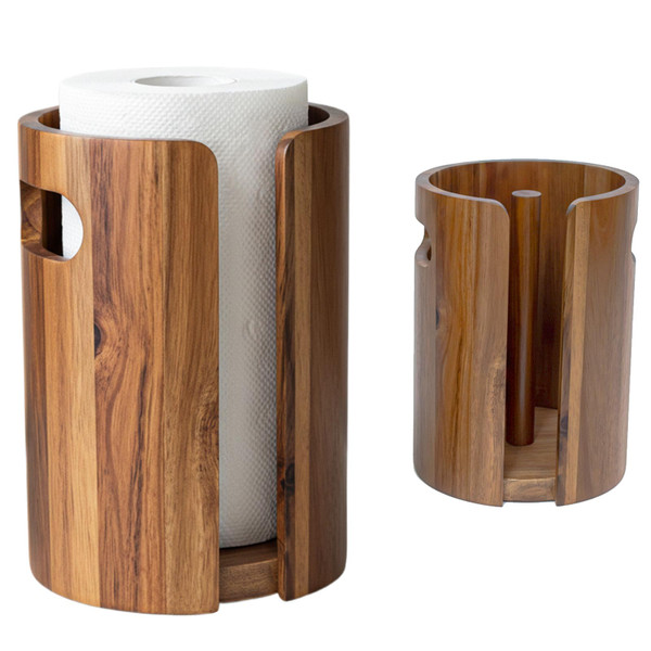 Acacia Wood Paper Towel Holder for Countertop with Splash Guard & Handles