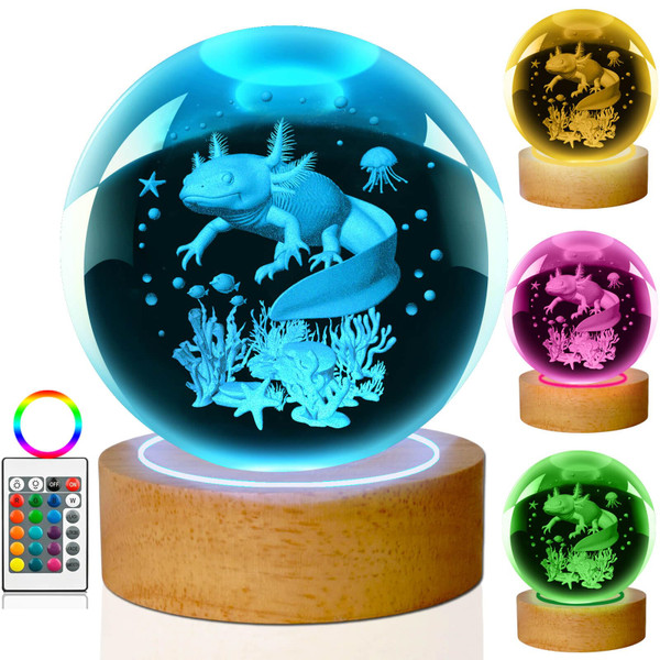 LINSINA Dragon Lamp, 3.15in 16 Colors Crystal Ball Night Light with Wooden Base and Remote Control, Birthday Gift and Dragon Gifts for Women Men Kids (New Axolotl)