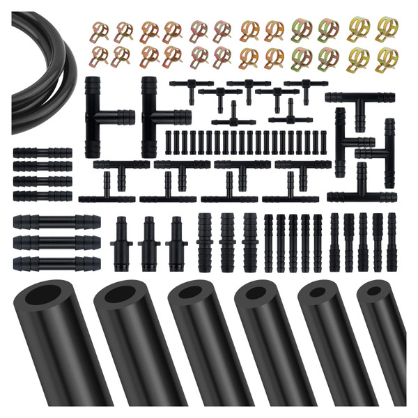 94PCS 5Ft Vacuum Hose Automotive Set,6 Sizes 3/8",5/16",1/4",3/16",5/32",1/8" Silicone Vacuum Lines Kit with 64 Connectors & 24 Clamps,High Temp Resistant Vacuums Hose Kit (94PCS)