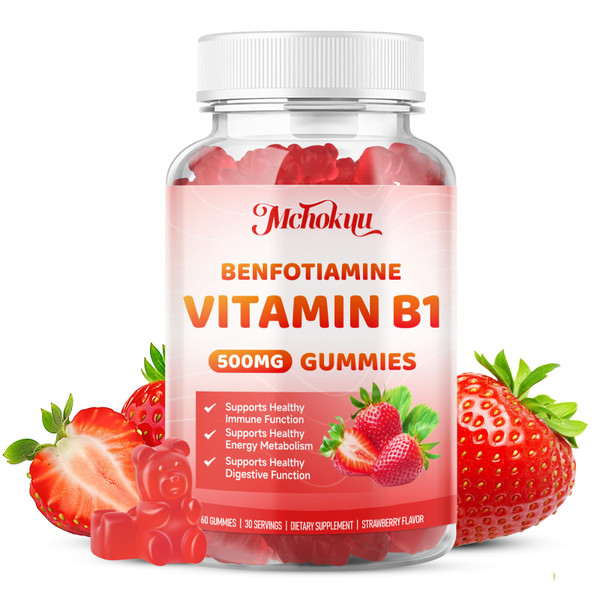 Mchokuu Vitamin B1 Gummies 500mg with Benfotiamine – Thiamine Supplement for Women & Men Supports Healthy Energy Metabolism & Immune, Sugar-Free | Vegan | Non-GMO, Natural Strawberry Flavor, 60 Count