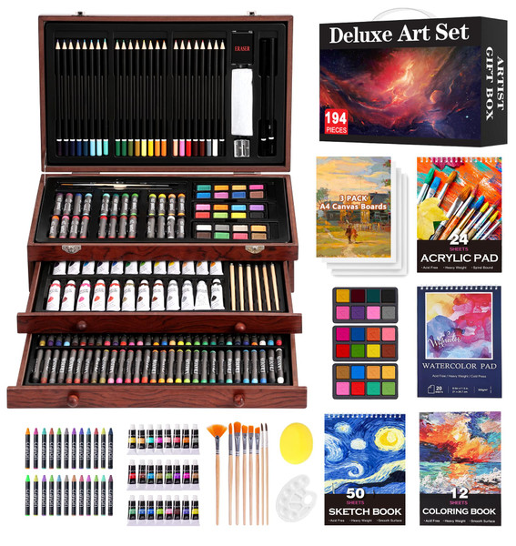 194 Piece Deluxe Art Set, Painting Drawing Art Supplies with 4 Drawing Pads, Acrylic Paints, Crayons, Colored Pencils Set in Wooden Case, Art Kit Gift Box for Kids, Teens, Adults, Artists, Beginners 194 Piece Deluxe Art Set, Painting Drawing Art Supplies with 4 Drawing Pads, Acrylic Paints, Crayons, Colored Pencils Set in Wooden Case, Art Kit Gift Box for Kids, Teens, Adults, Artists, Beginners