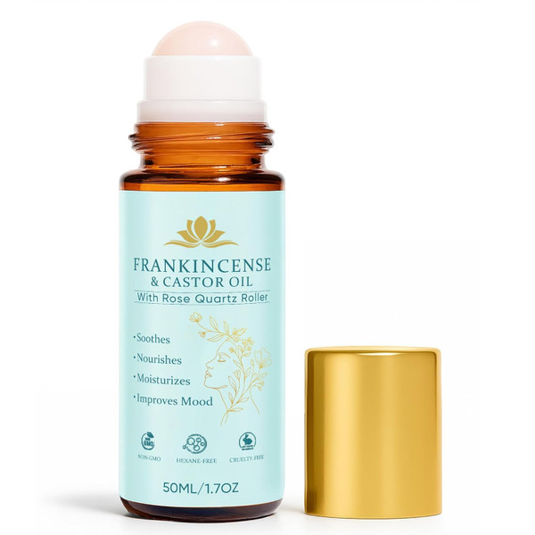 Frankincense and Castor Oil, Organic Castor Oil Rose Quartz Roller Ball, 100% Pure, Organic, Cold-Pressed, Firms Skin, Reduces Fine Lines, Suitable for Face, Neck, Abdomen(50ML/1.7OZ)