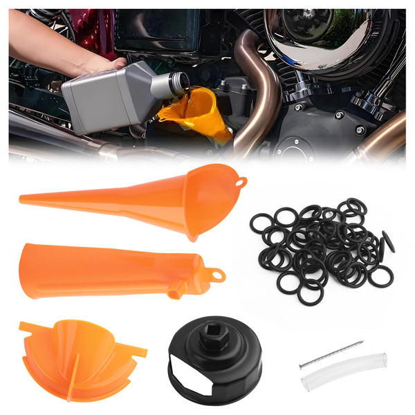 Compatible with Harley Oil Change Kit,Multi-Function Motorcycle Oil Funnel Kit Includes Oils Change Funnel/Oils Filter Wrench/Rubber O-Ring Seals,Motorcycle Tool Kits