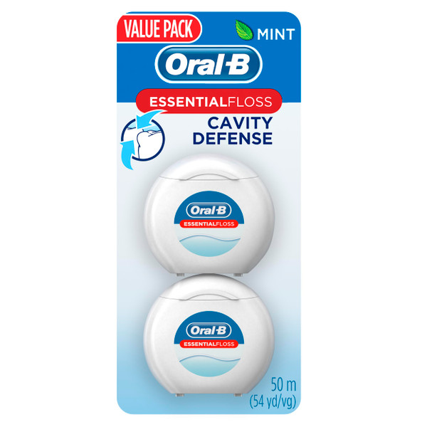 Oral-B Essential Dental Floss, Cavity Defense, Waxed, Mint Flavor, Value 2 Pack (50m Each)