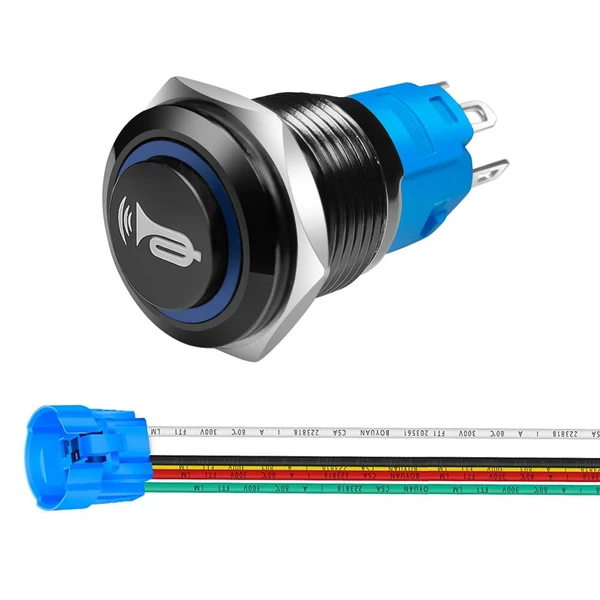 Gebildet 16mm 12V-24V/5A Pre-Wiring Momentary Switch, Speaker Horn Black Push Button, Waterproof Metal Switch with Blue Led Light for Car Boat