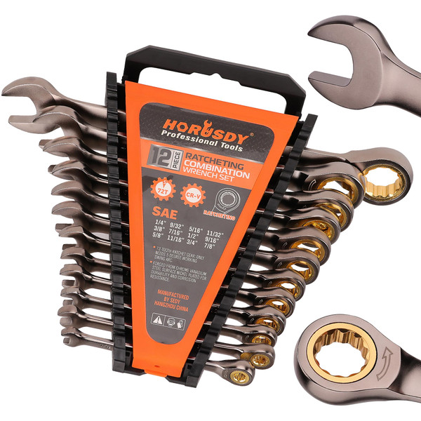 HORUSDY 12-Piece SAE Ratcheting Wrench Set | 1/4” to 7/8“ | Ratchet Combination Wrenches Set with Organizer | 72-Teeth | Chrome Vanadium Steel