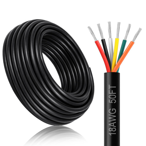 18 Gauge 6 Conductor Electrical Wire, 50FT 18AWG Black PVC Stranded Tinned Copper 6 Wire Cable, 18/6 Cord Extension Cable for LED Lamp Lighting, Automotive Wiring, Speaker, Access Control