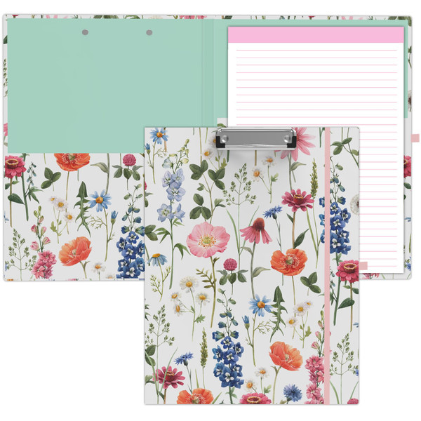 A4 Cute Clipboard Folio with Notepad Clipfolio and Interior Storage, Foldable Nursing Legal Size Clipboards for Work/Kids/Teachers - Wild Flower
