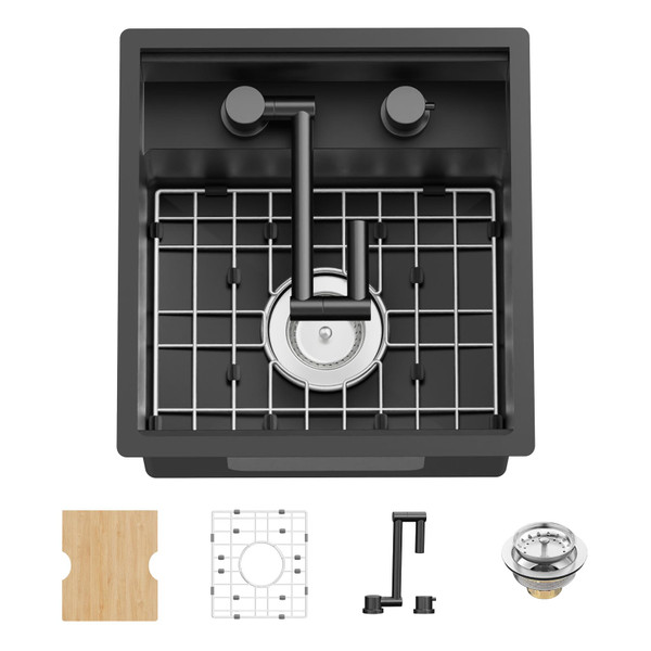 Black 16x17In RV Kitchen And Bar Sink-Stainless Steel Undermount Single Bowl Space-Saving Workstation Kitchen&Bar Sink Come With Foldable Faucet,Cutting Board,SS Grid Nice For RV,Tiny Home,Small Bar