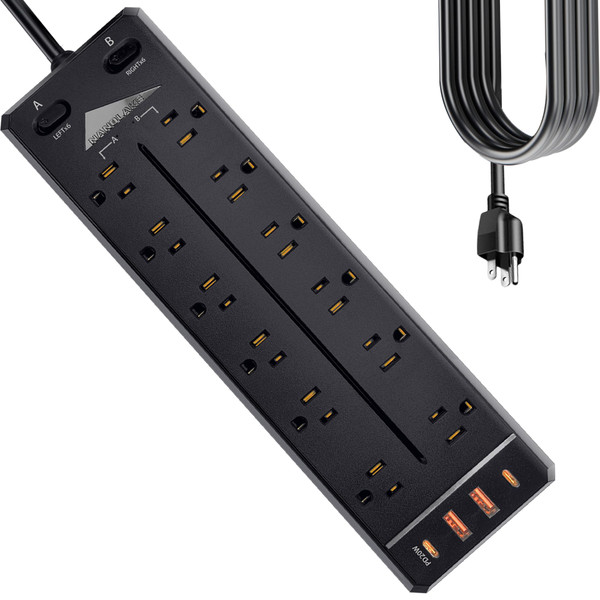 Heavy Duty Power Strip Surge Protector,20A 2500W,Widely 12 Outlets/Dual Switches,20W Fast Charging/PD 20W/QC3.0,350 Joules Protection,12 Gauge 6.5ft Cord, Commercial