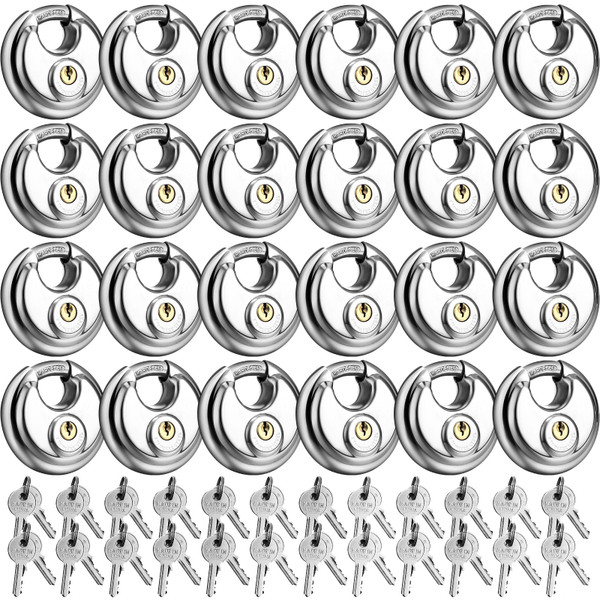Therwen 24 Pcs Keyed Padlock with 48 Pcs Keys Stainless Steel Discus Lock Outdoor Waterproof and Rustproof Disc Lock Heavy Duty Padlock with 3/8 Inch Shackle for Warehouse Garage Storage Outdoor