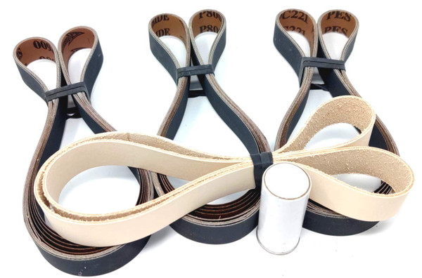1X42 Knife Sharpening Belt Kit with Super Strop Leather Honing Belt & 15 Pack of Premium Quality Silicon Carbide Sharpening Sanding Belts 600, 800, 1000 Grit