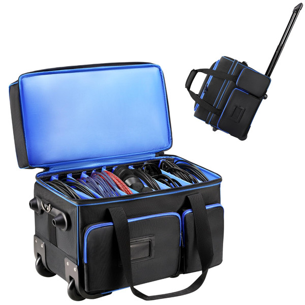 DJ Cable Organizer Bag with Wheels,Soft Gig Bag for DJ Equipment with 9 Detachable Dividers, Medium Padded Soft Storage Case with Multiple Pockets for Microphone, Cord, Headset & Music Accessories