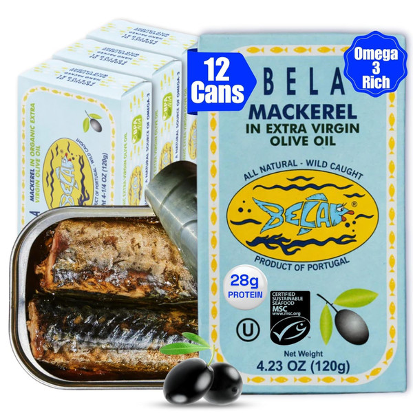BELA Wild Caught Portuguese Style Mackerel - Extra Virgin Olive Oil | 4.23 Oz (Pack of 12) | All Natural, High Protein, Hand Selected, Sea Salted, & Omega 3 Rich
