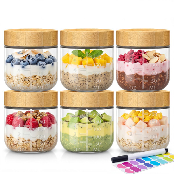 8 oz Small Glass Jars with Bamboo Lids, Overnight Oats Containers, 6 Pack