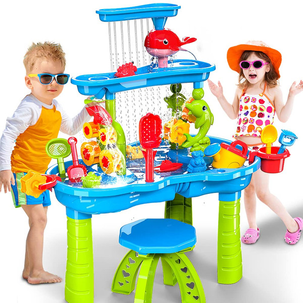 VATOS 3 Tier Sand Water Table, Kids Splash Sand Table Water Toys for Aged 3 4 5 6 7 8 9, Activity Sensory Table Summer Beach Outside Toys for Toddlers Kids VATOS 3 Tier Sand Water Table, Kids Splash Sand Table Water Toys for Aged 3 4 5 6 7 8 9, Activity Sensory Table Summer Beach Outside Toys for Toddlers Kids