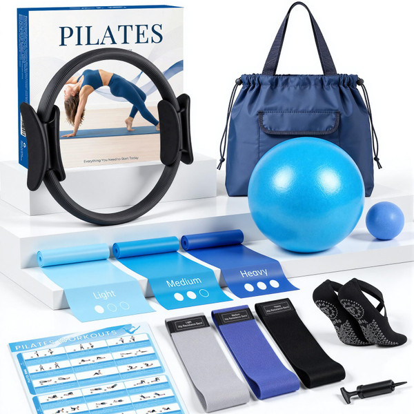 GINMIC Pilates Kit, Pilates Equipment for Home Workouts, at Home Pilates Set with Complete Accessories: Pilates Ring, Pilates Ball, Long and Loop Resistance Bands, Socks, Massage Ball, Guide & Bag