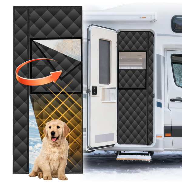 RV Insulated Door Cover, Magnetic RV Door Insulation Curtain for Winter, 33" x 80" Camper Thermal Insulated Door Blanket with Removable Transparent Window for Inside Camper, Travel Trailer, Black