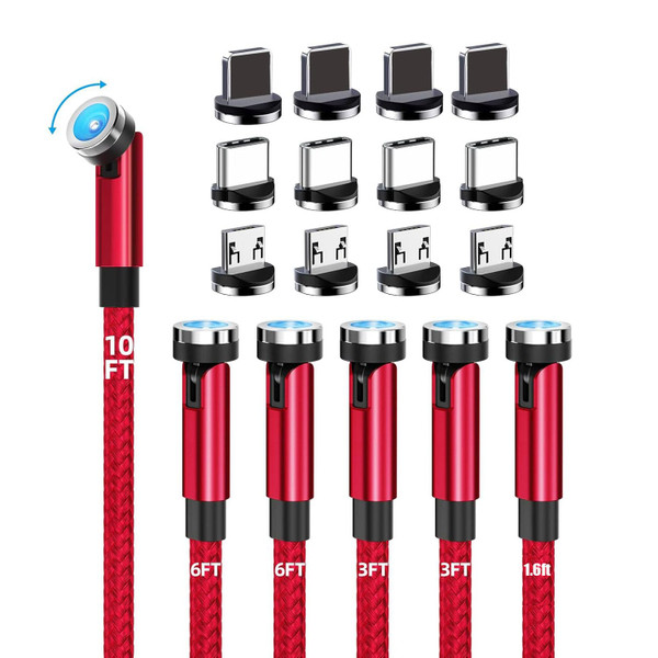 Magnetic Charging Cable, 540 Rotating Phone Charger [6-Pack, 1ft/3ft/3ft/6ft/6ft/10ft] 3 in 1 Nylon Braided USB Cable for Type C, Micro USB, iProduct (Red)