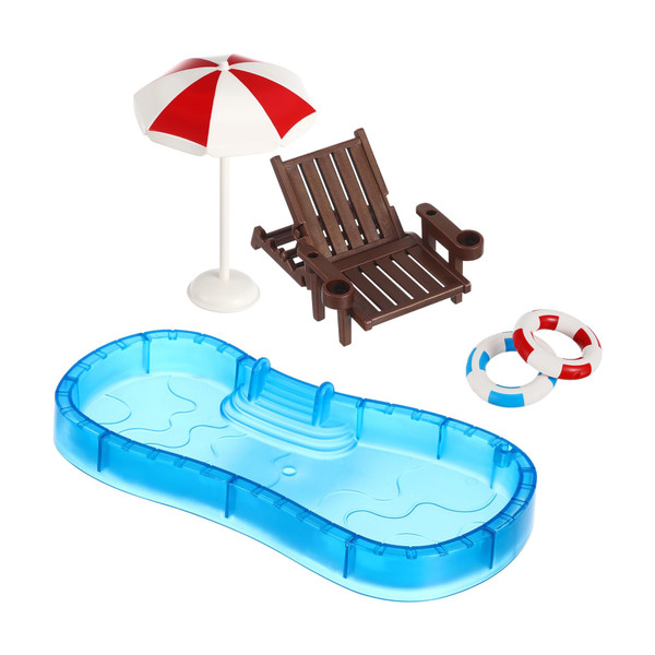 Angoily Dollhouse Swimming Pool Set, 1: 12 Scale Miniature Pool Set, Dollhouse Scene Accessories with Lounge Chair, Umbrella, Swim Rings, Plastic Summer Water for Tiny House Backyard Mini Stuff Decor
