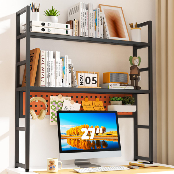Brakki Desk Shelf, Desk Hutch Bookshelf, Desktop Shelf with Pegboard, Black