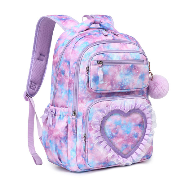MOONBABY Kids Backpack for Girls Ages 6-12 with Sweet Heart Pocket, 17" Lightweight Elementary Middle School Bookbag, Bowknot Lace Ballet Style