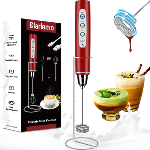 Colarlemo Milk Frother Handheld Rechargeable with Stand, Frother Wand Drink Mixer Electric Whisk for Coffee, Detachable With 3 Stainless Whisks, Hand Mixer for Lattes, Cappuccino, Matcha, Egg, Red