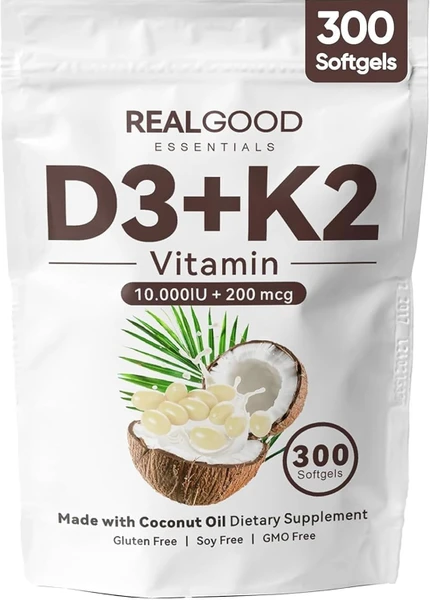 Megacephalus Real Good Essentials Vitamin D3 K2, Essentials D3+K2 (MK7) Coconut Oil 300 Softgels, with Vitamins D & K (1)