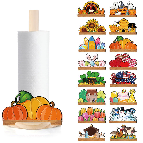 GlikCeil 18 Pcs Interchangeable Paper Towel Holder Summer Kitchen Decor with Holiday Sign Wooden Fall Decorative Seasonal Centerpieces for Thanksgiving Christmas Farmhouse Home Decor(Classic)