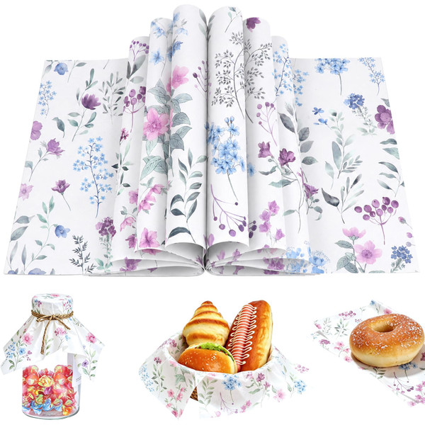 150 Sheets Purple Wildflower Food Wax Paper, 9.8x8.3in Wildflower Red Poppy Grease Proof Deli Paper for Sandwich Snack Wrap Home Kitchen (A) (A)