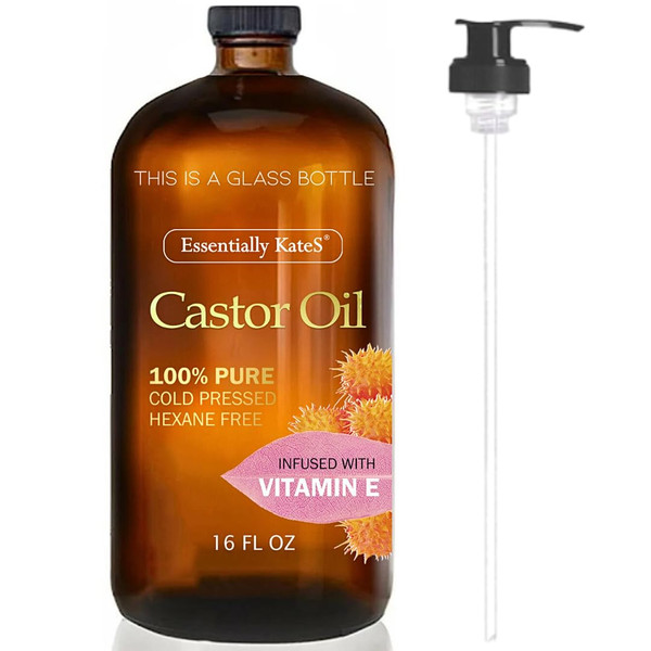 Essentially KateS Castor Oil 16 Fl Oz - Infused With Vitamin E + Olive + Shea Butter + Rosehip + Argan -100% Pure and Natural, Cold Pressed, and Hexane-Free - Hair and Body