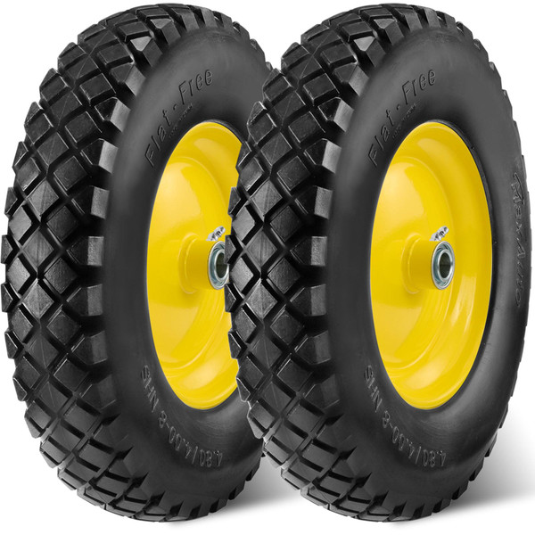 MaxAuto 4.80 4.00-8 Wheelbarrow Tires 4.80/4.00-8 Flat-Free Tire and Wheel 16 Inch Solid Tires w/Grease Fitting, 3" Centered Hub, 3/4" Bearings, Tire for Hand Truck Trolley Garden Cart Wagon, Yellow