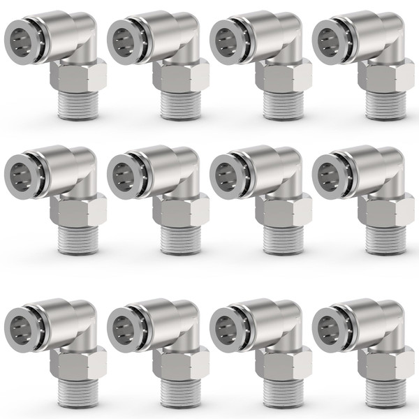 EterMutable 12-PACK 1/4" Tube OD x 1/4" NPT Thread Male Elbow Nickel Plating Copper Push to Connect Fittings,PL-1/4-N2 Pneumatic Quick Connect Air Line Hose Fittings