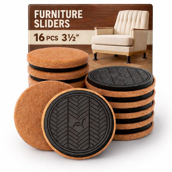 Felt Furniture Sliders for Hardwood Floors Protectors, PISAO 16 PCS 3 ½” Heavy Duty Furniture Pads Movers for Hard Surfaces - Chair Leg Protectors, Move Large Furniture Easily