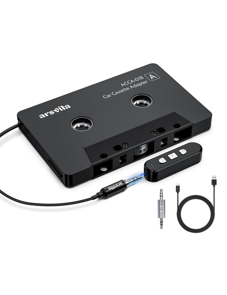 arsvita 5.1 Bluetooth Cassette Adapter with 3.5mm Aux Cable Tape, Black