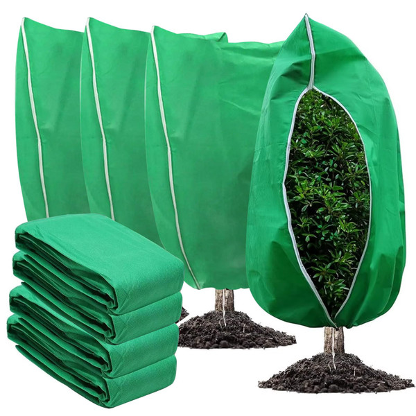4 Pack Winter Plant Covers Freeze Protection, 47 "x 31" Thickened Frost Blankets for Outdoor Plants, Fruit Trees, Shrubs & Potted Plants | Reusable Cloth Plant Covers Jacket with Drawstring-Green