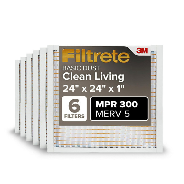 Filtrete 24x24x1 Air Filter MERV 5, 6-Pack AC Furnace HVAC Filters for Home, MPR 300 Basic Dust Defense, Pleated Electrostatic Removes Lint & Dust (Actual Size 23.81x23.81x0.66 in)