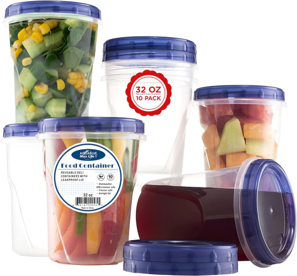 Freezer Food Storage Containers With Twist Top Lids [32 Oz -10 Pack] Reusable BPA Free Plastic Soup Container, LeakProof, Airtight, Stackable, Microwave Safe For Salad, Leftover, Soup, Ice Cream