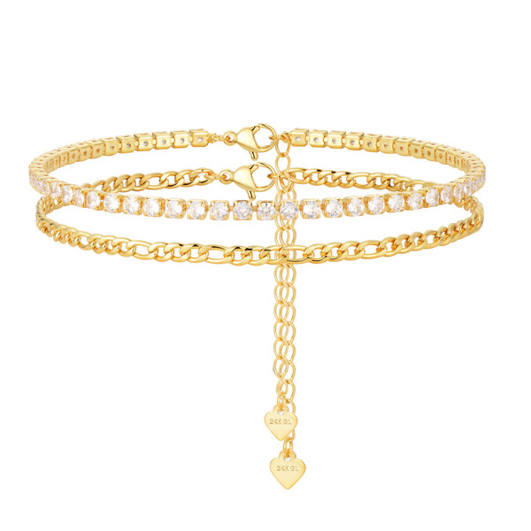 Poekio 24K Gold Plated Ankle Bracelets for Women Layered Cubic Zirconia Tennis Ankle Bracelets for Women Beach Foot Jewelry Gifts