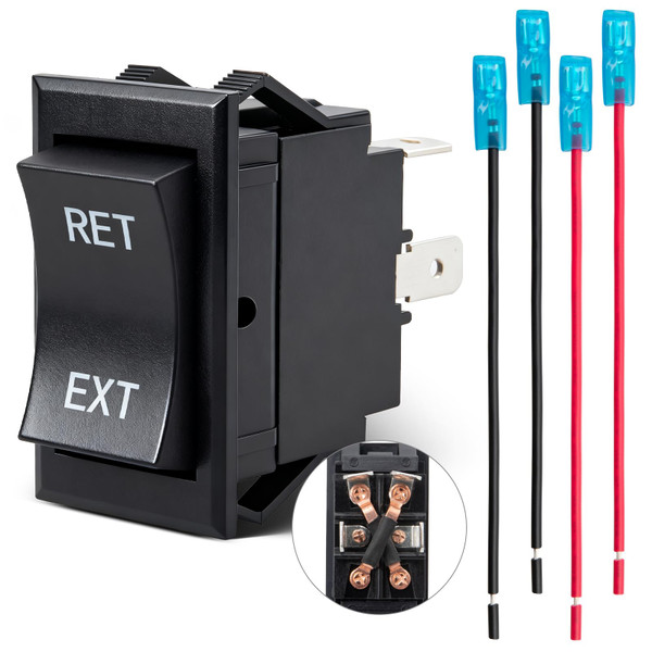 Anina 12V Reverse Polarity Rocker Switch, Momentary DPDT 4 Pin ON-Off- ON 20A 12V DC Power Jack Switch with Pre-Wired Harness, for RV Trailer Tongue Jack, Electric Motor Control