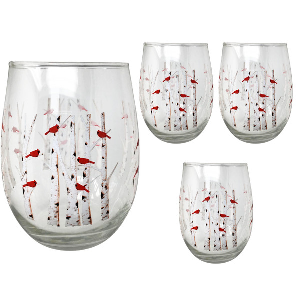 BANBERRY DESIGNS Cardinal Stemless Wine Glasses - Set of 4 - Cardinals Perched on White Birch Trees - Holidays - Christmas - Each glass is 4 3/4" H and Holds 20 oz