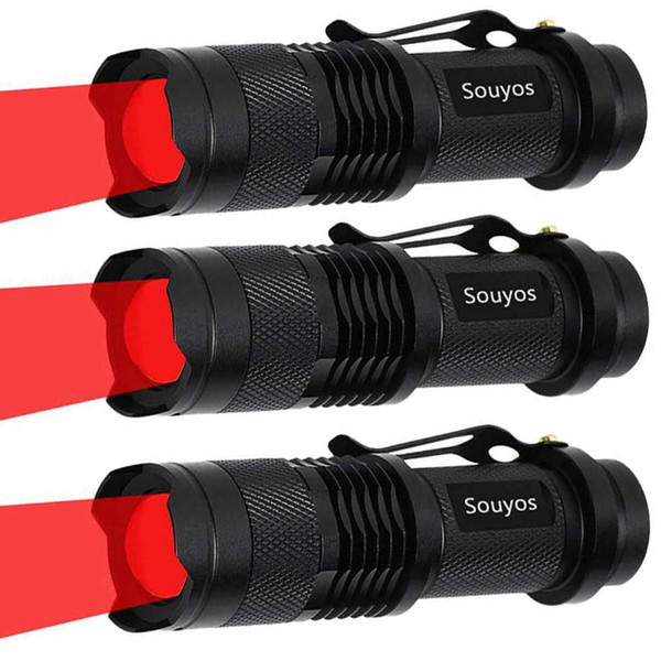 Souyos 3 Pack Red Light Flashlight,3 Modes Red Led Flashlight,Zoomable Long Range Red Hunting Light Red Flashlight Torch with Clip for Hunting,Detector,Night Observation, Night Detecting-Black House