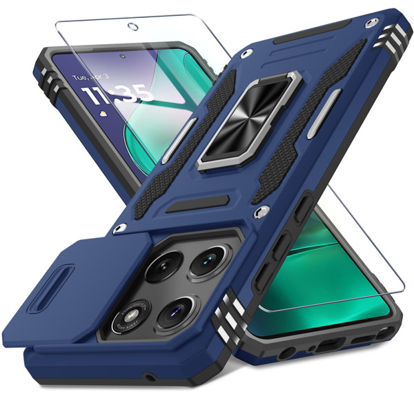 DEERLAMN Case Compatible with Moto G Stylus 5G 2025 Built in Slide Camera Cover+Screen Protector(1 Pack), Rotated Ring Kickstand Military Grade Shockproof Protective Cover-Navy Blue