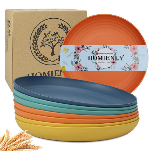 Homienly 10 inch Wheat Straw Dinner Plates Set of 8 - Alternative to Plastic, Microwave & Dishwasher Safe, Unbreakable Kids Plates with 4 Colors (Classic Bright)